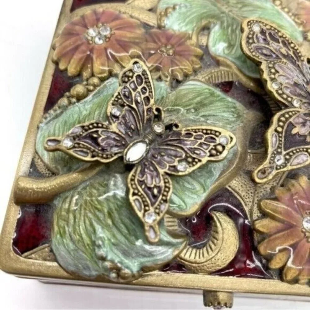 Vintage Floral Butterfly Enamel Rhinestone Jewelled Trinket Box